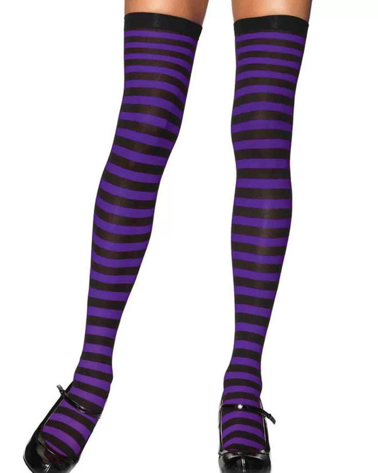 Leg Avenue Black And Purple Stripe Nylon Thigh Highs> Wicked Witches