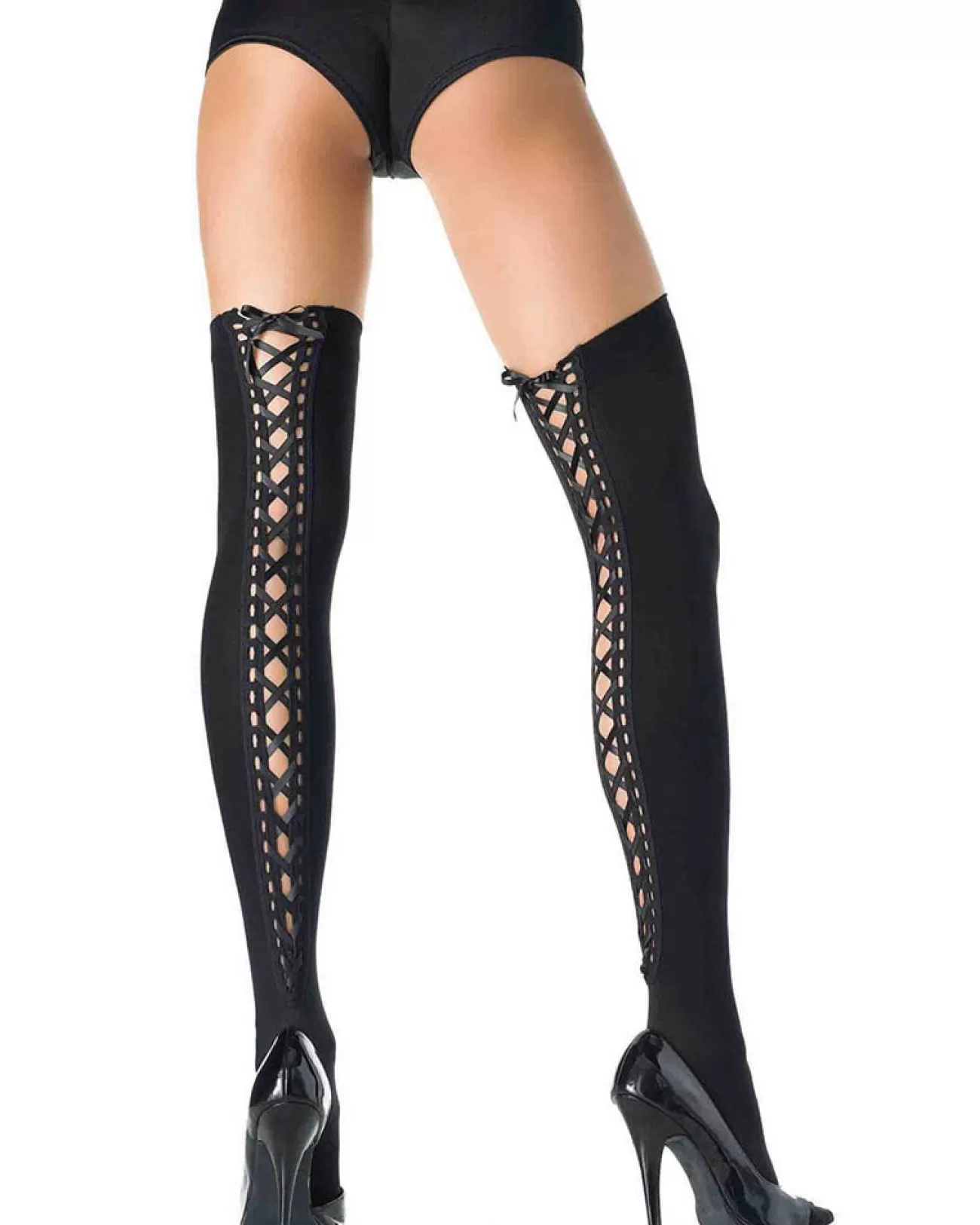 Leg Avenue Black Lace Up Back Thigh High Stay Ups> Halloween Hosiery