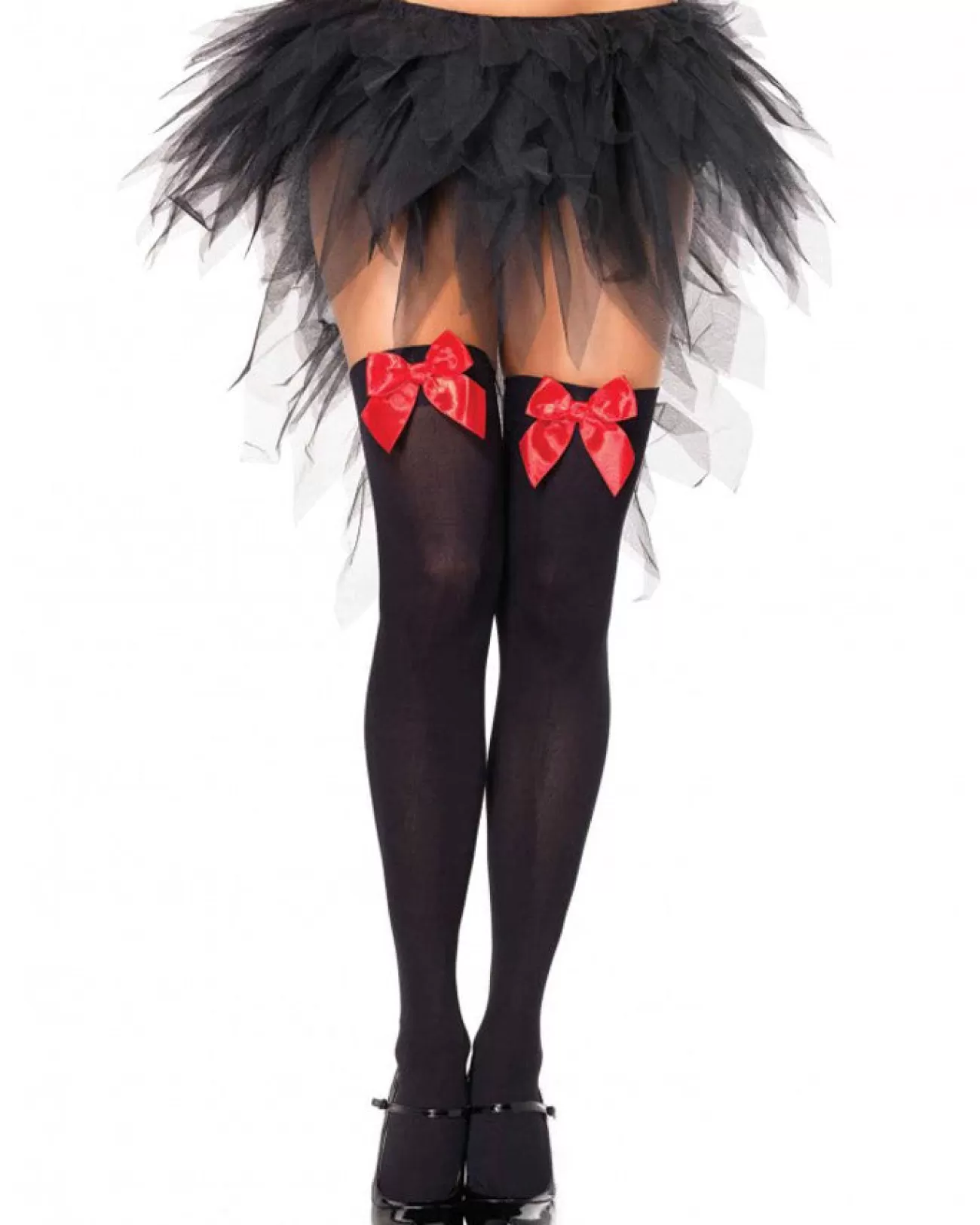 Leg Avenue Black Opaque Thigh High Stockings With Red Satin Bow> Wicked Witches