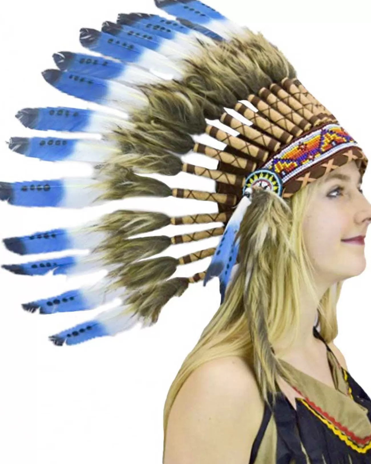 Interalia Deluxe Tribal Headdress With Blue Feathers> Halloween Hats