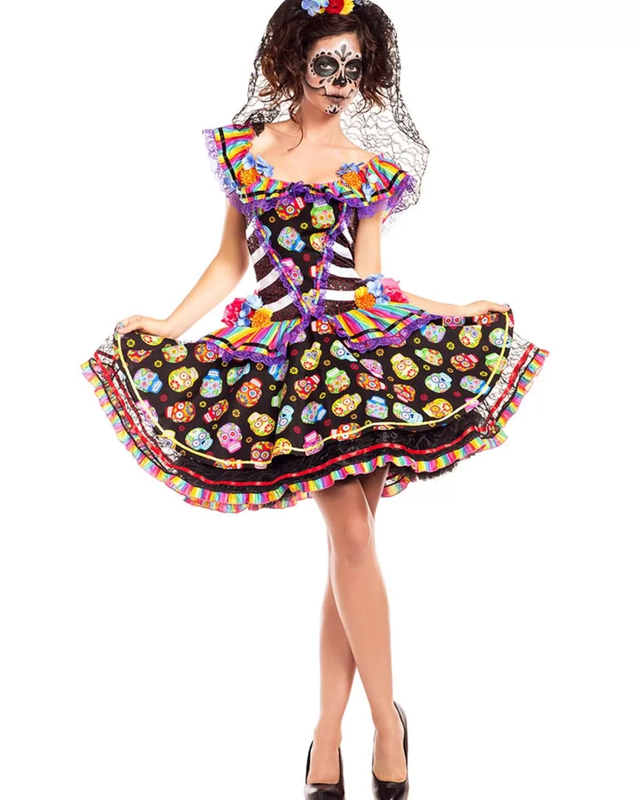 Party King Sugar Skull Rainbow Senorita Womens Costume>Women Women's Costumes