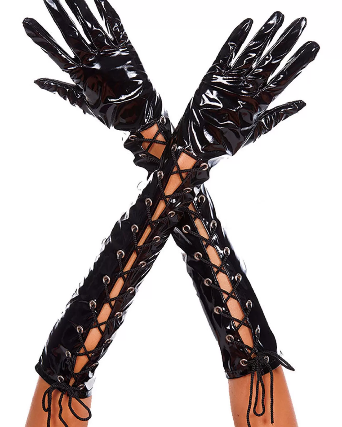 Music Legs Wet Look Ribbon Lace Up Black Elbow Length Gloves> Halloween Accessories