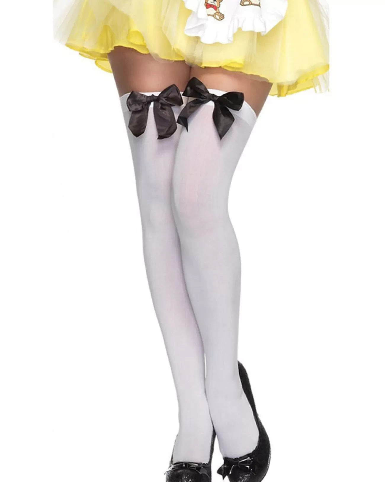 Leg Avenue White Opaque Thigh High Stockings With Black Satin Bows> Broken Dolls