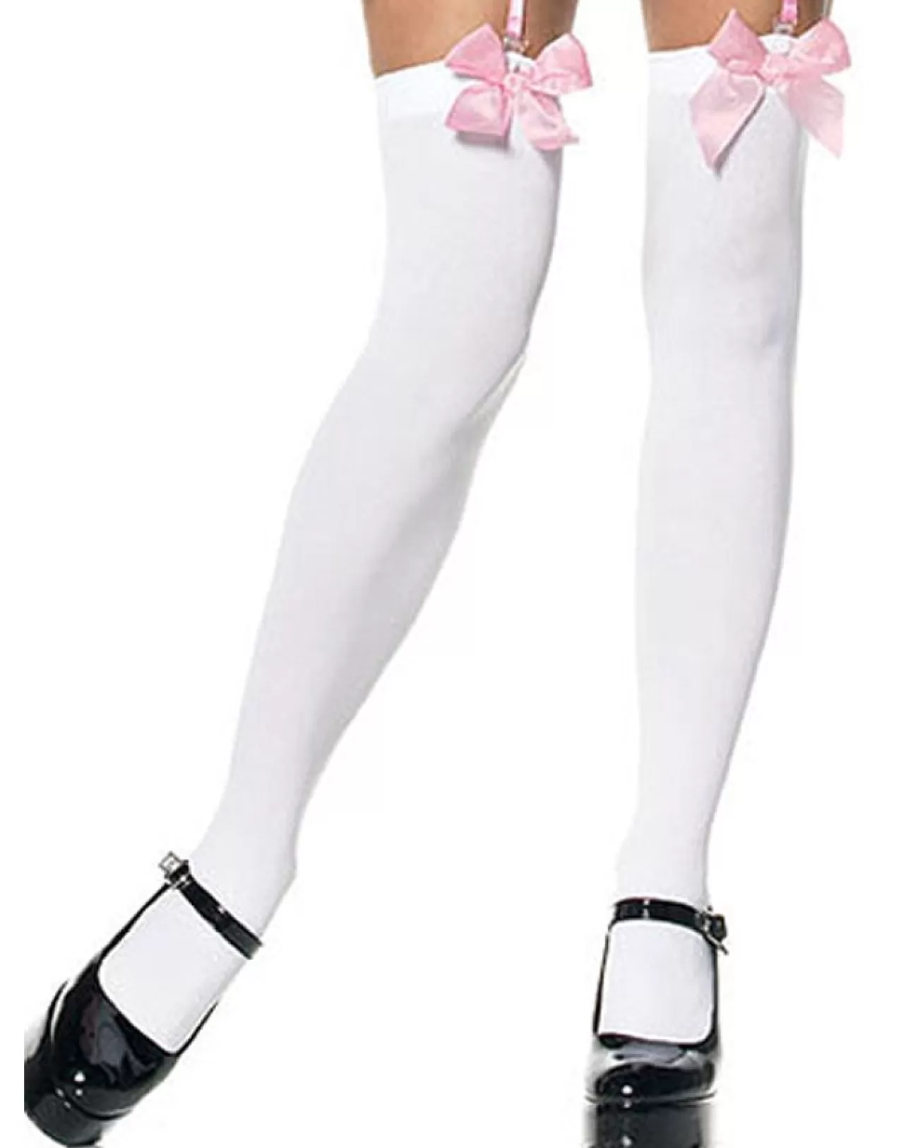 Leg Avenue White Opaque Thigh Highs With Pink Satin Bow> Halloween Hosiery